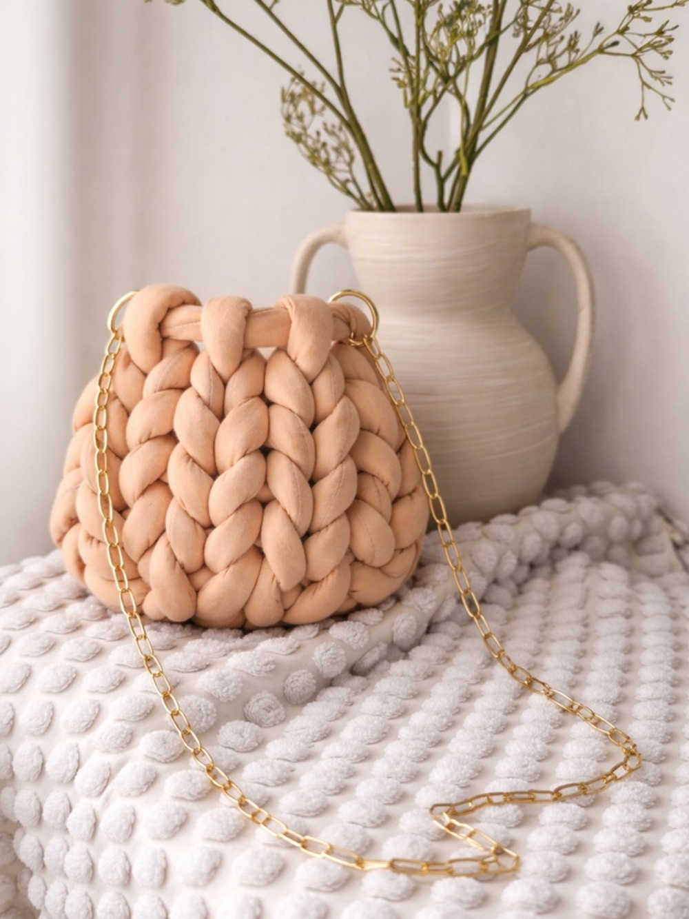 Beige Knit Chain Strap Women’s Shoulder Bag